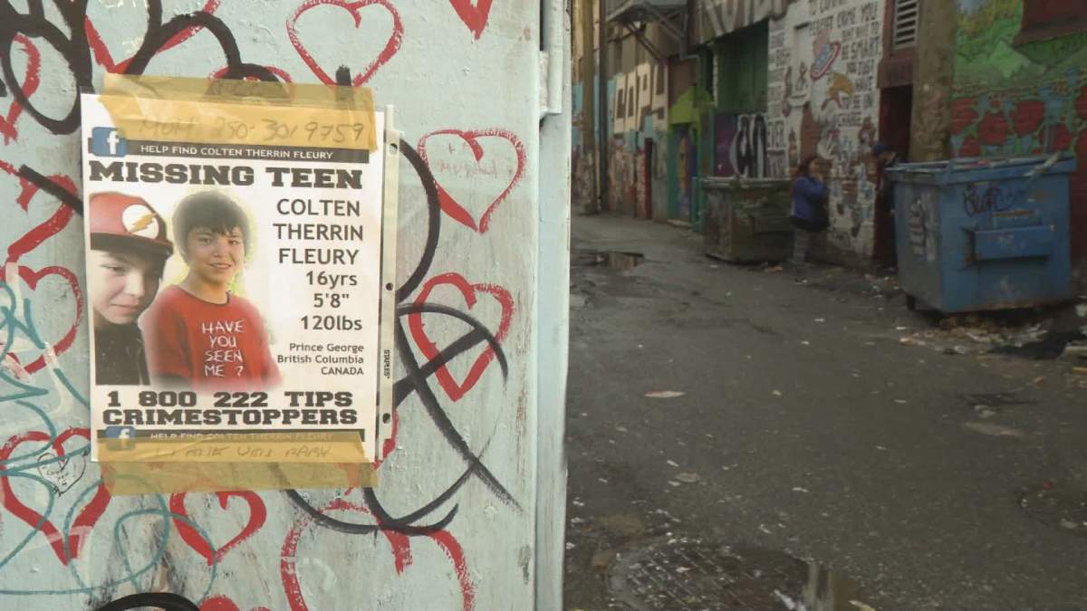 A poster with pictures and information for Colten Fleury seen taped up in Vancouver’s Downtown Eastside on Jan. 26, 2020.