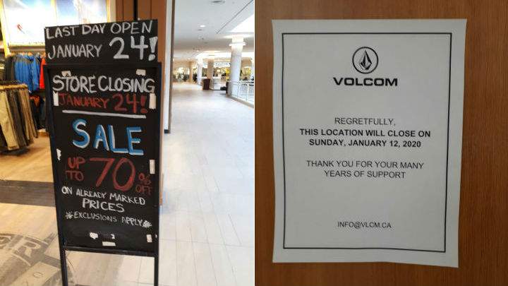 Signs outside the Eddie Bauer (left) and Volcom locations at downtown Regina’s Cornwall Centre.