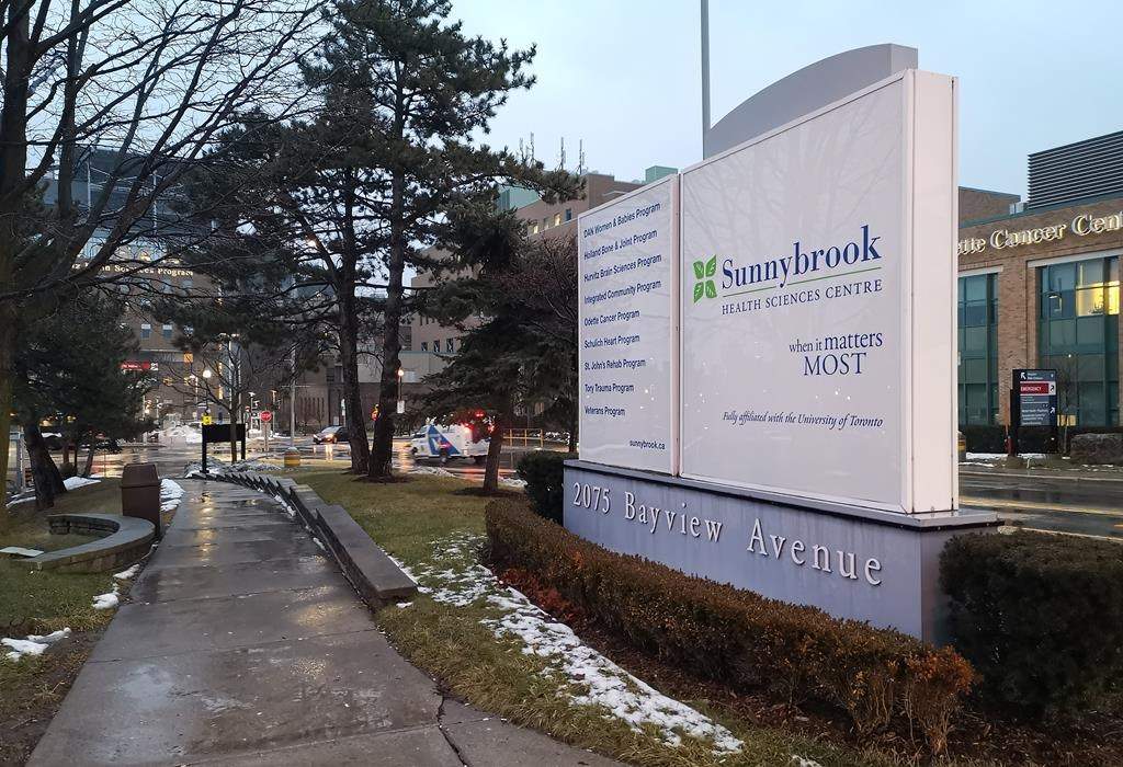 Sunnybrook Hospital is shown in Toronto on Sunday Jan. 26, 2020. Public health officials in Ontario say the wife of a man who is the province's first case of the new coronavirus has tested positive for the virus. They say the woman has been in self-isolation since arriving in Toronto with her husband. THE CANADIAN PRESS/Doug Ives.