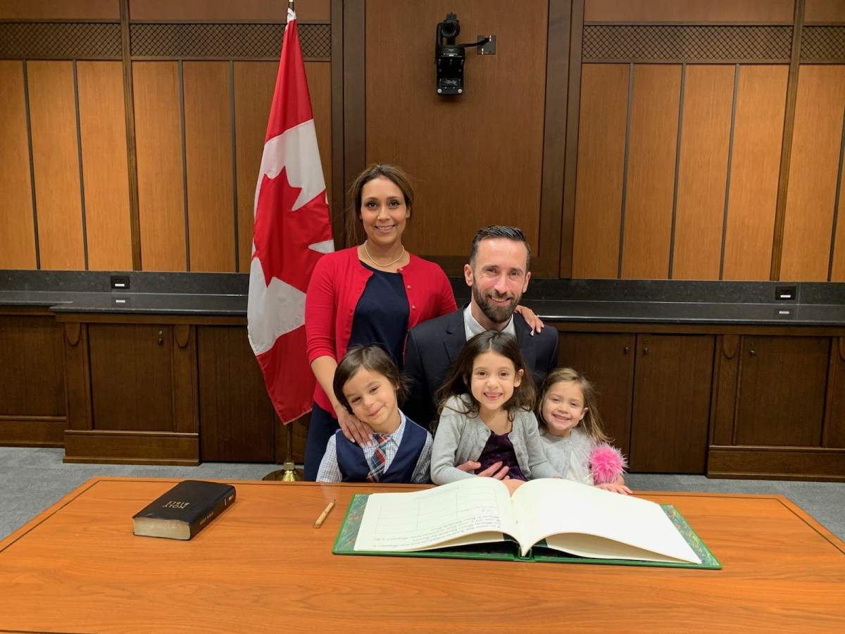 Derek Sloan and his wife Jennifer, and their three children: Nora, 3, Callum, 4 and Fiona, 6.