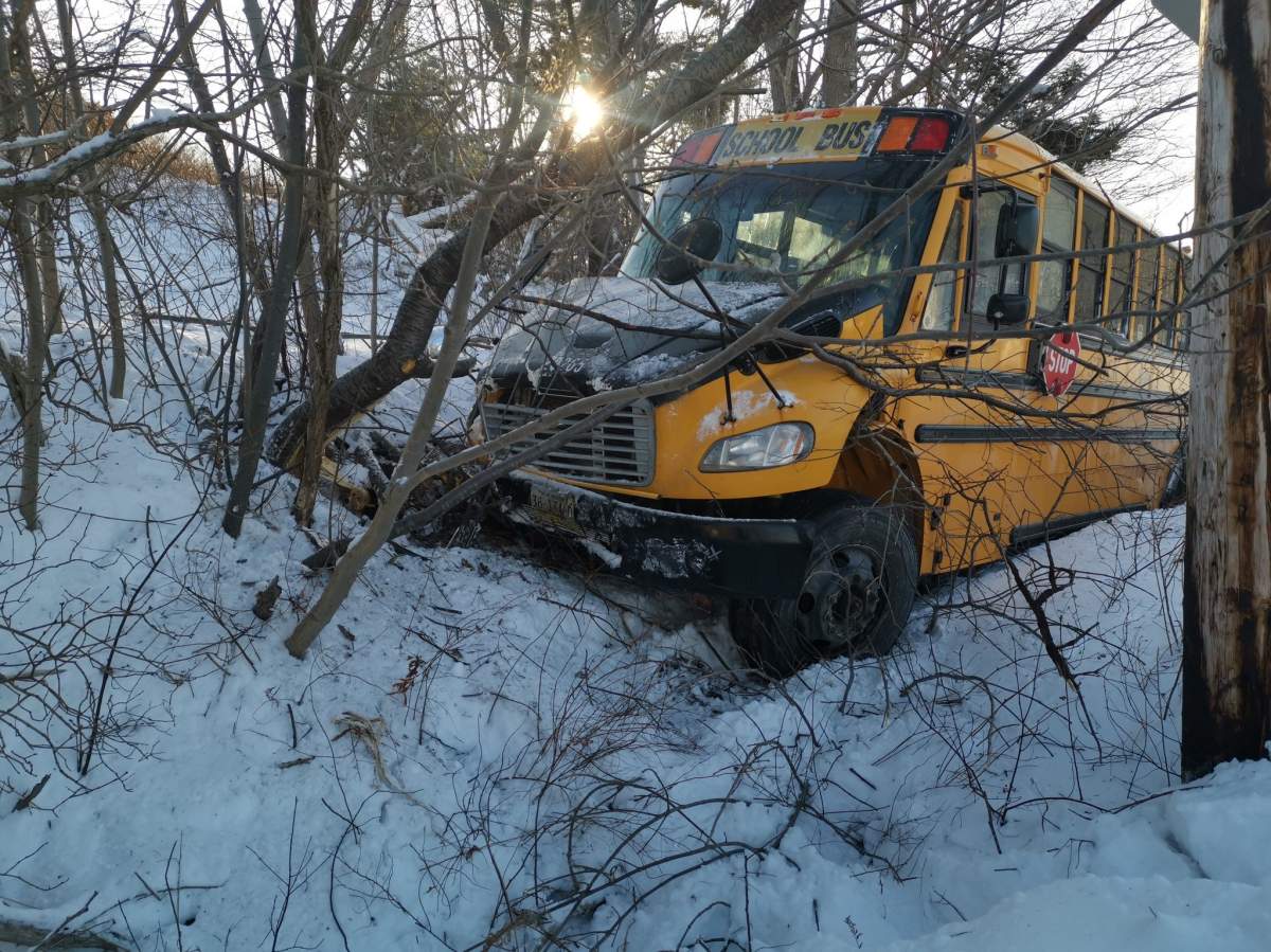 Four students received minor injuries after a school bus slid into a ditch on Thursday in the Halifax area. 