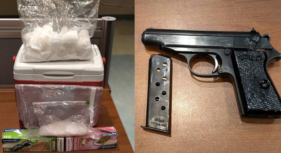 Wellington County OPP say they found a loaded gun and a meth in a car that allegedly fled a RIDE checkpoint on Tuesday. 