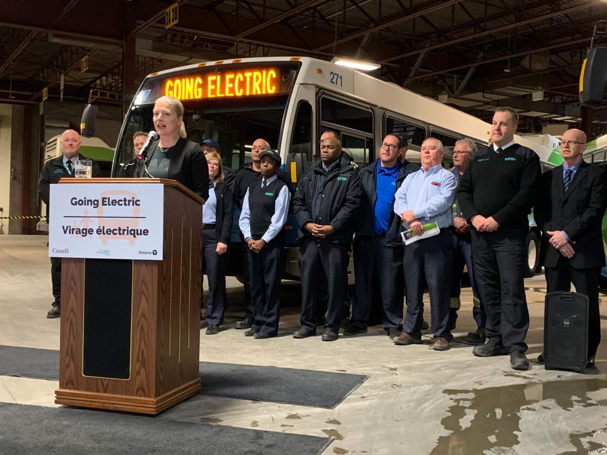 Federal Infrastructure Minister Catherine McKenna announced on Thursday that $177 million will be spent on 65 electric buses for Guelph Transit and the construction of a new storage facility. 