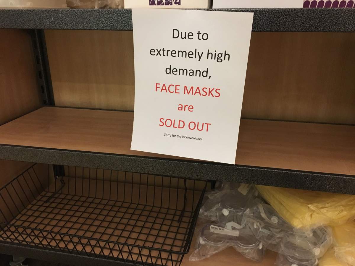 Stevens Home Medical Supplies Store in Winnipeg is sold out of face masks amid a deadly coronavirus outbreak.