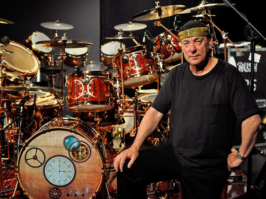 Neil Peart of Rush poses for a portrait with his DW drum kit on the Drum Channel soundstage on May 12, 2010 in Oxnard, Calif.