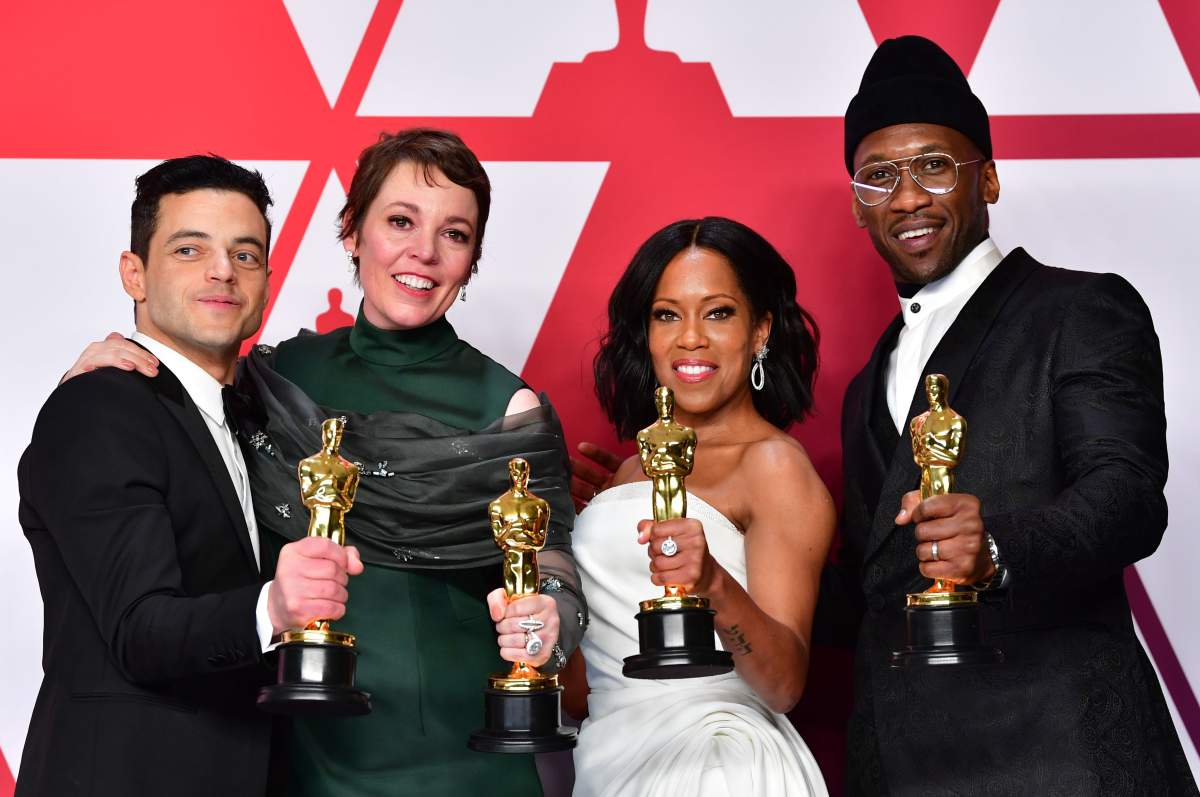 (L-R) Rami Malek, Olivia Colman, Regina King and Mahershala Ali during the 91st Annual Academy Awards at the Dolby Theater in Hollywood, Calif., on Feb. 24, 2019. (Photo by FREDERIC J. BROWN/AFP via Getty Images)