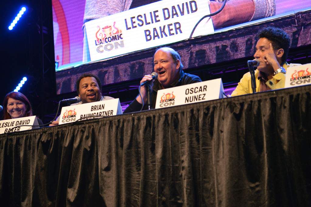 (L-R) Kate Flannery, Leslie David Baker, Brian Baumgartner and Oscar Nunez speak onstage at ‘The Office’ reunion panel at 2019 Los Angeles Comic Con at the Los Angeles Convention Center on Oct. 12, 2019 in Los Angeles, Calif.