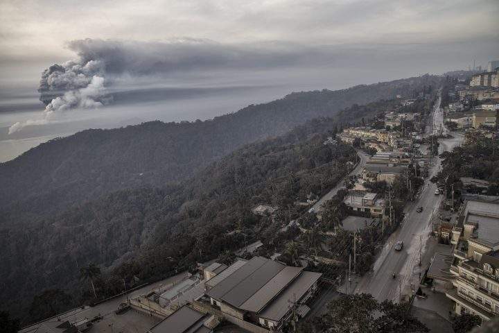 Volcanic ash covers roads and rooftops as Taal Volcano erupts on Jan. 13, 2020 in Tagaytay city, Cavite province, Philippines.