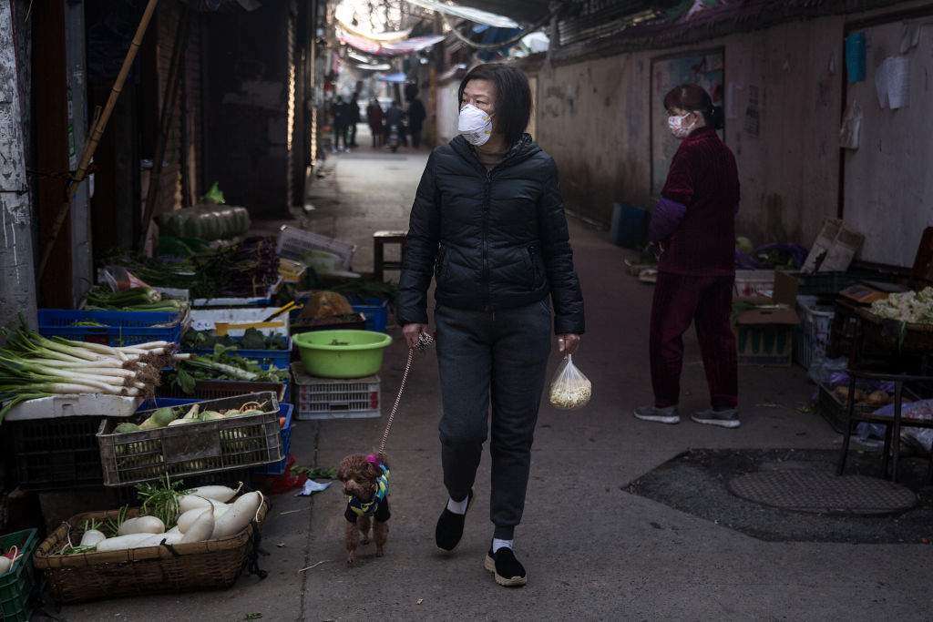 A woman wears a protective mask as she walks her dog and buys vegetables in an alley on Jan. 31, 2020 in Wuhan, China.