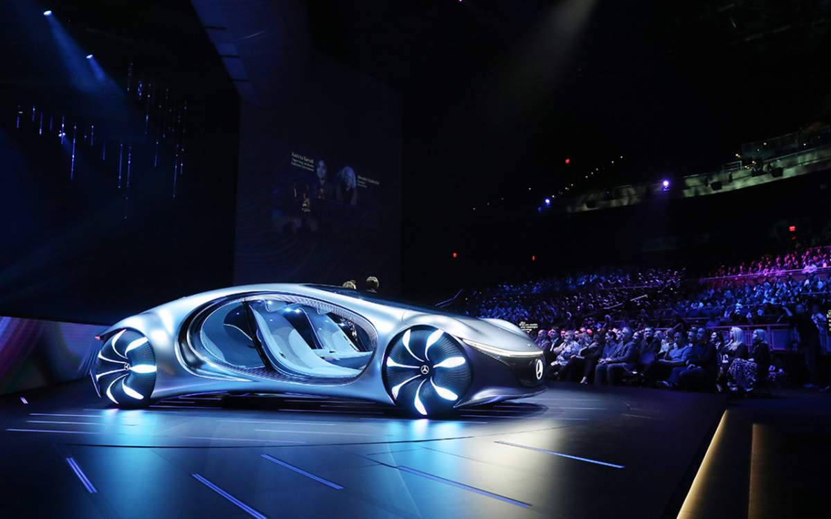 The Mercedes-Benz Vision AVTR concept car is displayed during a keynote address at CES 2020 at Park Theater at Park MGM on Jan. 6, 2020 in Las Vegas, Nev.
