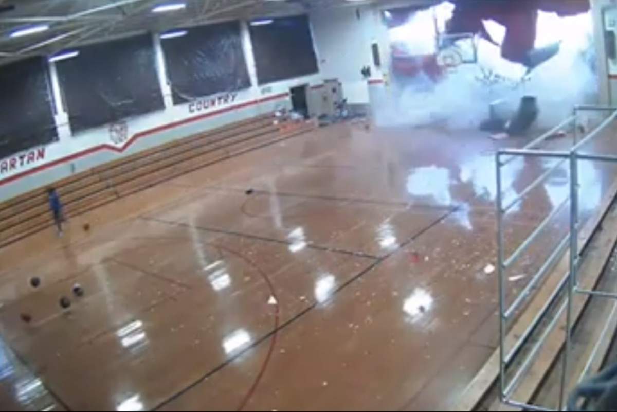 A storm breaks through the gymnasium at Union Intermediate Elementary School in Clinton, N.C., on Jan. 13, 2020.