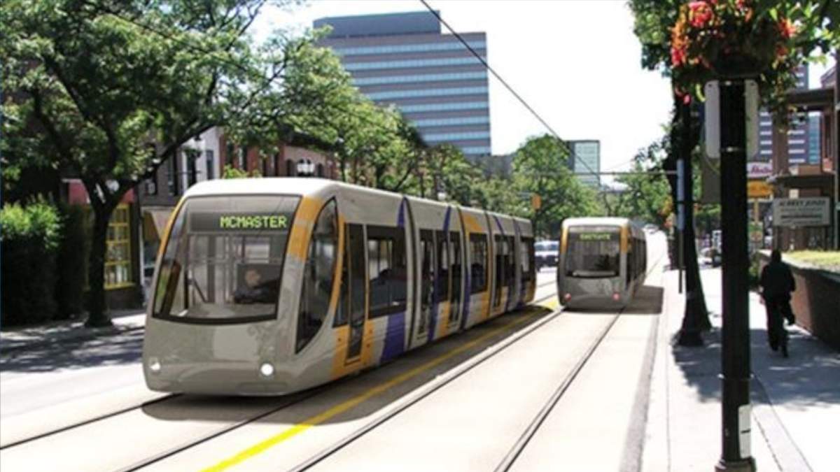 Artist rendering of proposed Hamilton LRT trains running along King Street West.