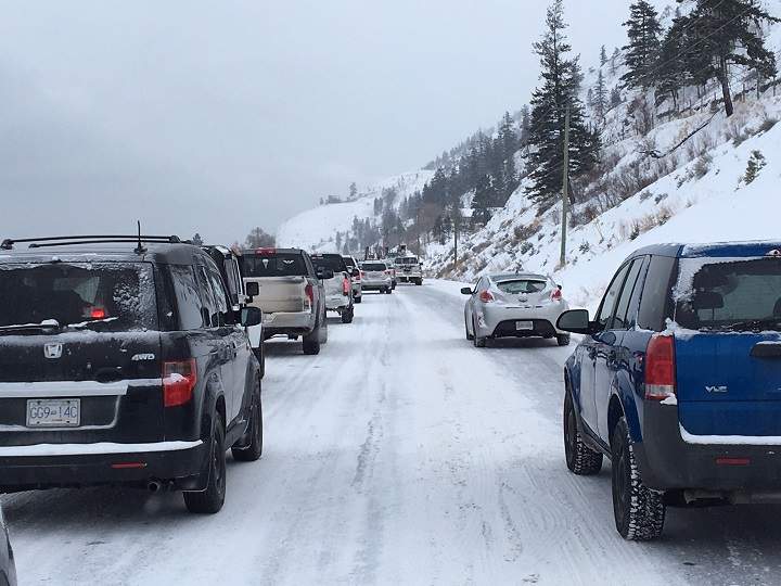 A lineup of vehicles along Highway 97 north of Summerland.