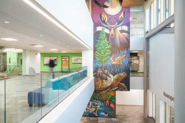 The college’s mural tells the creation story of many Indigenous Peoples — of the wildlife, forests and land of Turtle Island. Provided/Beyond Media