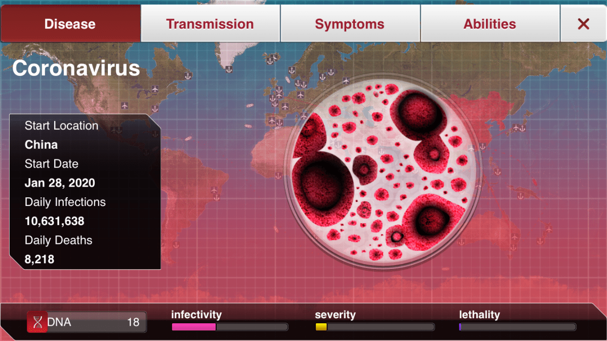 A screenshot from the video game ‘Plague Inc.’ shows a user-named “coronavirus,” based on a generic virus.