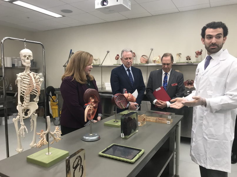 Representatives from McMaster and Brock tour the anatomy lab at the Roy and Lois Cairns Health and Bioscience Research Complex after signing a five-year extension of the two universities' collaboration.