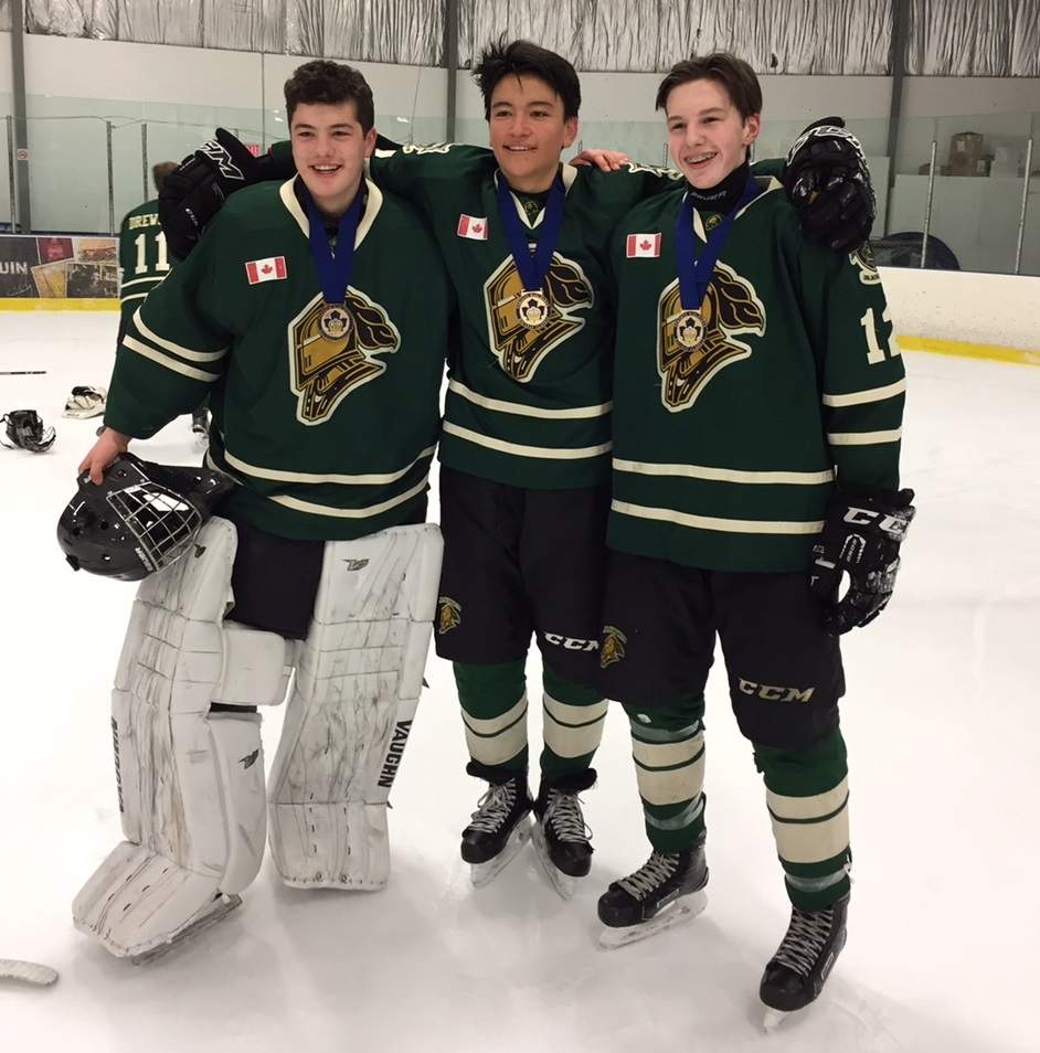 Mason Millman (right) and Ryan Suzuki (centre), while with the London Junior Knights ‘AAA’ Minor Midget team.