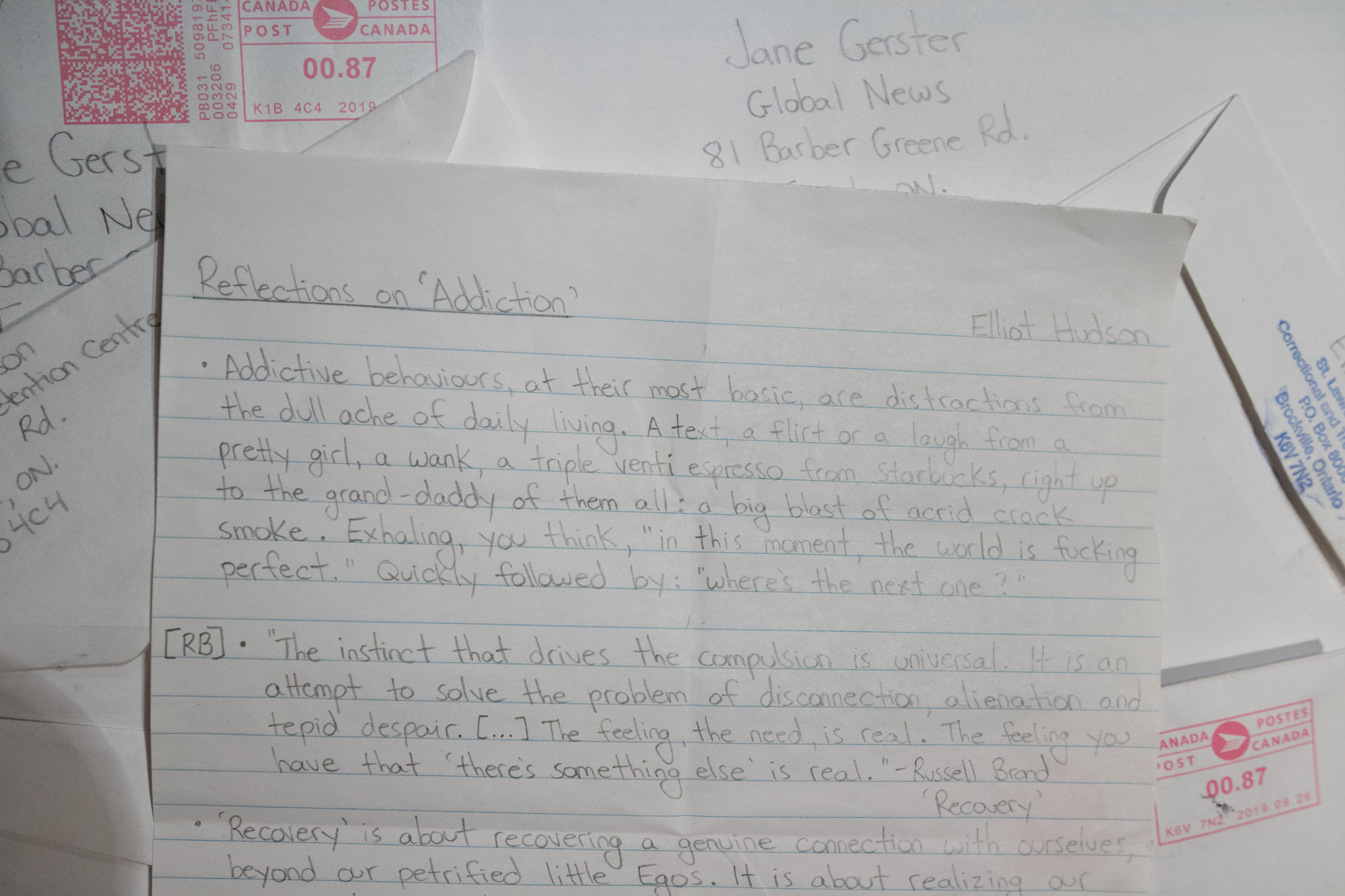 Some of the many letters Elliot Hudson exchanged with Global News reporter Jane Gerster while he was incarcerated.