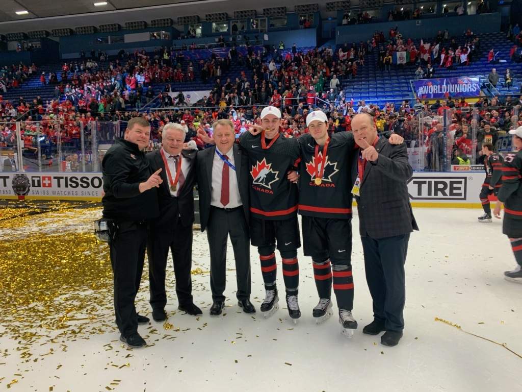 The six members of the London Knights pose for a picture together moments after winning the 2020 World Junior Hockey Championship in Ostrava, Czech Republic, on Jan. 5, 2020. 