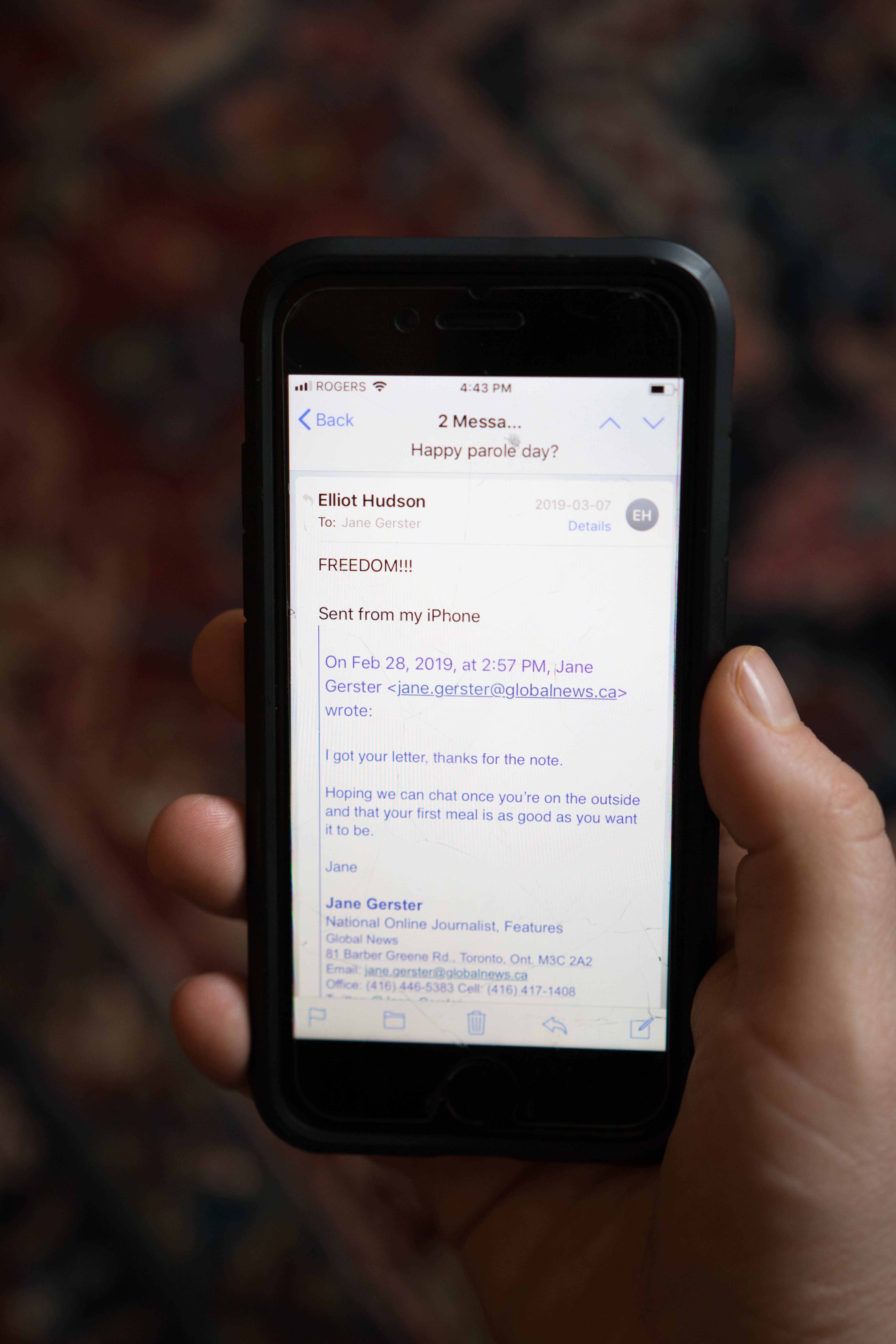 “FREEDOM!!!” The first email Elliot Hudson sent to Global News after being released on parole.