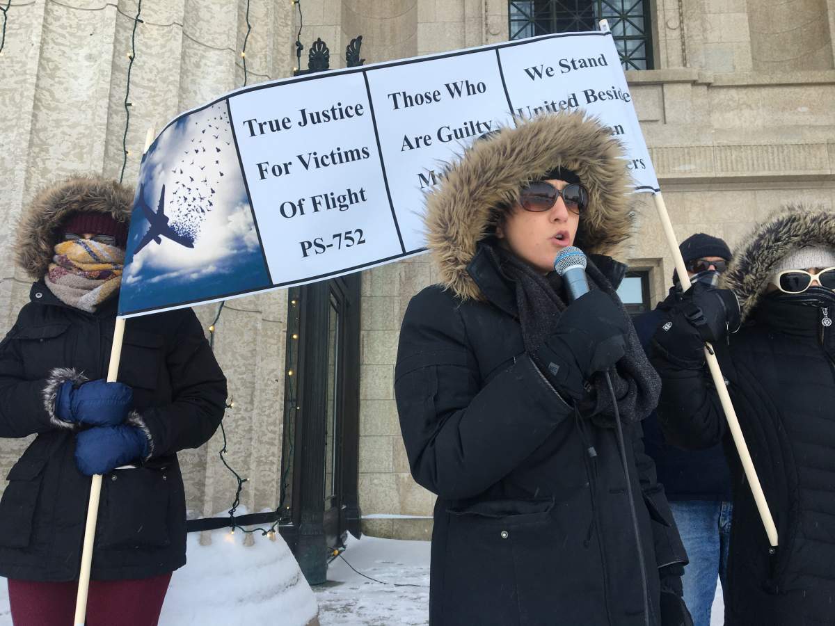 Protesters gather on the steps of the Manitoba Legislature to rally for justice Sunday in wake of Flight 752 tragedy.
