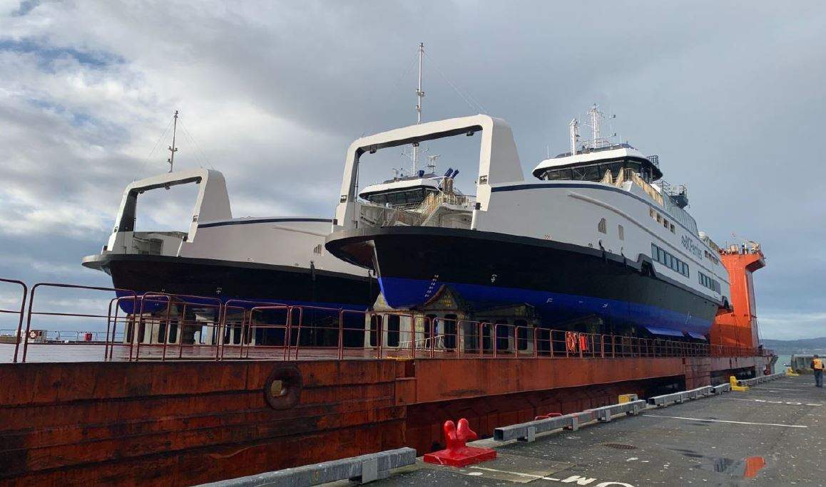 BC Ferries' two new Island Class vessels are seen secured to the partially submersible transport vessel Sun Rise on Jan. 18, 2020. 