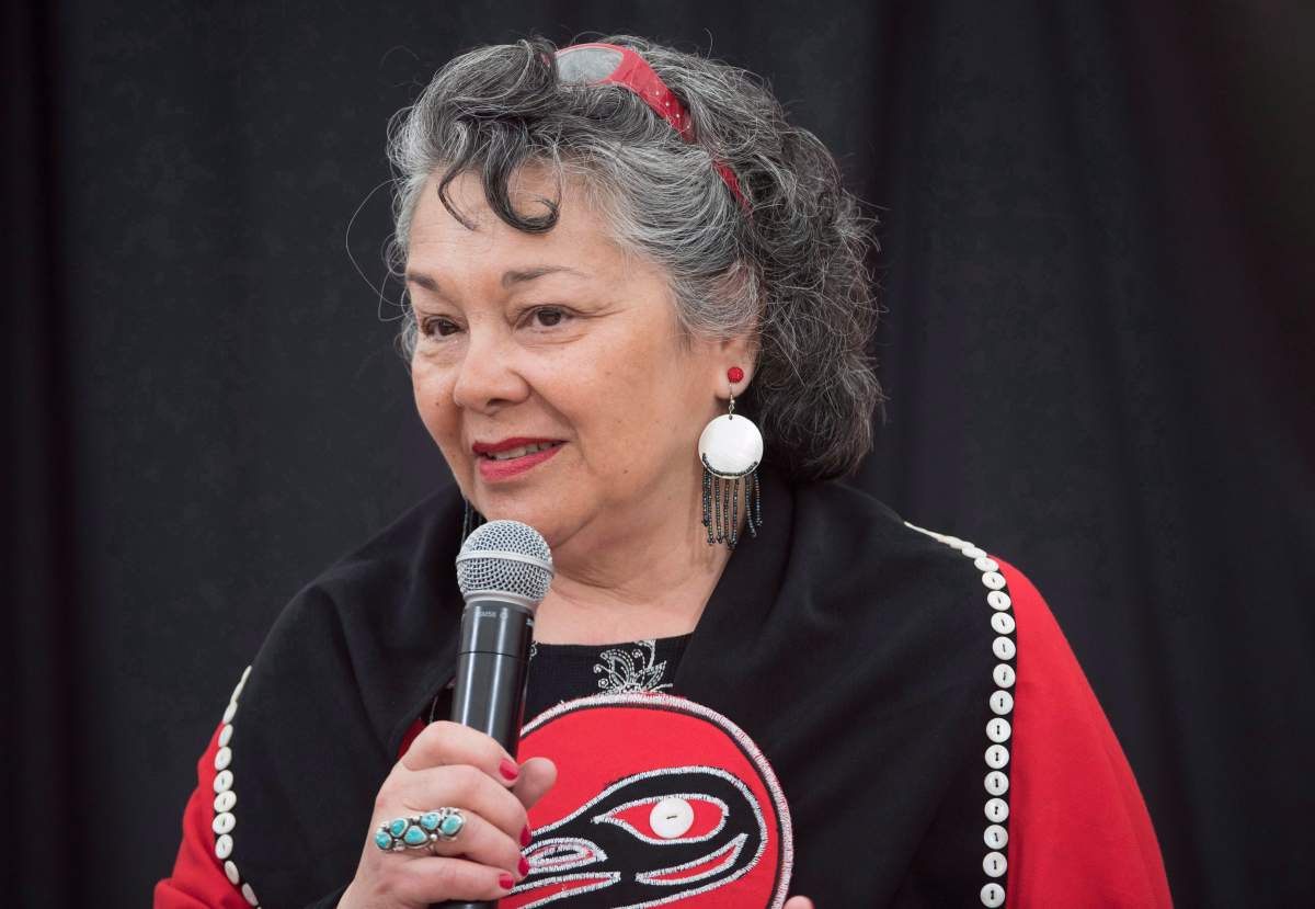 Joan Jack speaks to the commissioners at the National Inquiry into Missing and Murdered Indigenous Women and Girls in 2017.