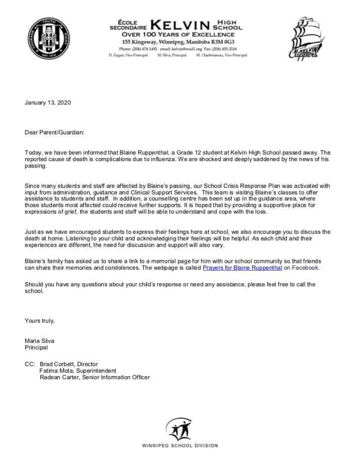 A letter from Kelvin High School about student Blaine Ruppenthal’s death.