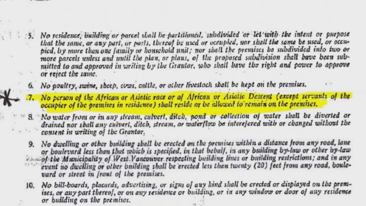An example of one land title for a home in the British Properties of West Vancouver, with a covenant highlighted that seeks to bar people of “African or Asiatic” descent or origin from living there.
