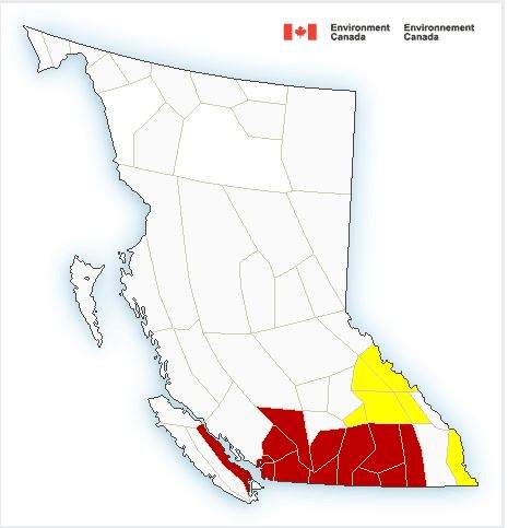 Most of B.C.’s southern interior is under a winter storm warning (red) or watch (yellow)