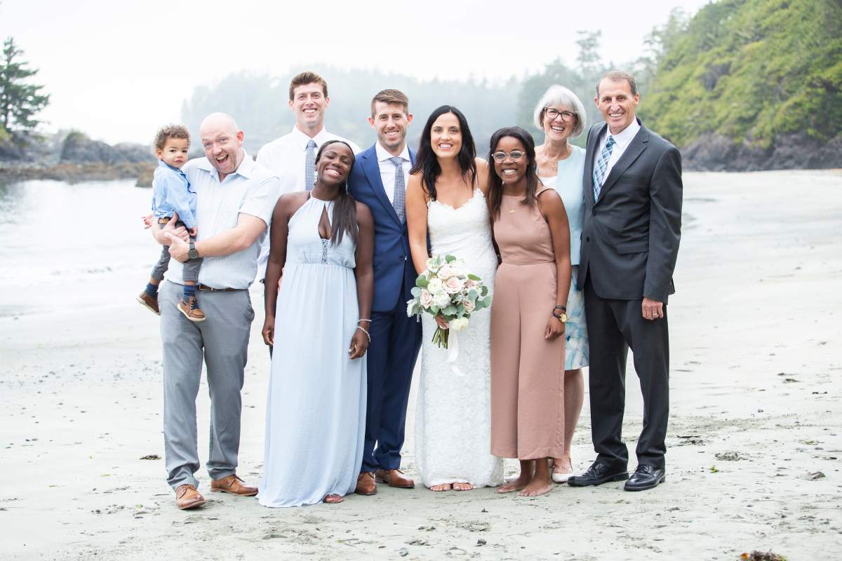 From left to right, grandson Lincoln, son-in-law Wes, Kyle, Jessica, Ryan, daughter-in-law Mallory, Annie, Sharon and Thad.
