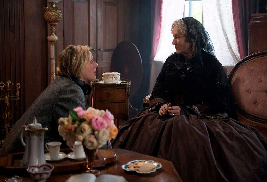 This image released by Sony Pictures shows, writer-director Greta Gerwig, left, and actress Meryl Streep on the set of “Little Women.” (Wilson Webb/Sony Pictures via AP)