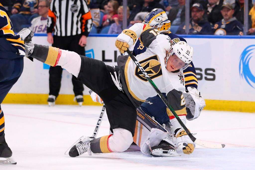 Buffalo Sabres goalie Linus Ullmark (35) brings down Vegas Golden Knights forward Cody Eakin (21) during the second period of an NHL hockey game Tuesday, Jan. 14, 2020, in Buffalo, N.Y.