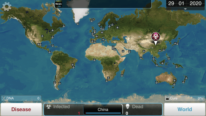 A world map is shown in the video game ‘Plague Inc.”