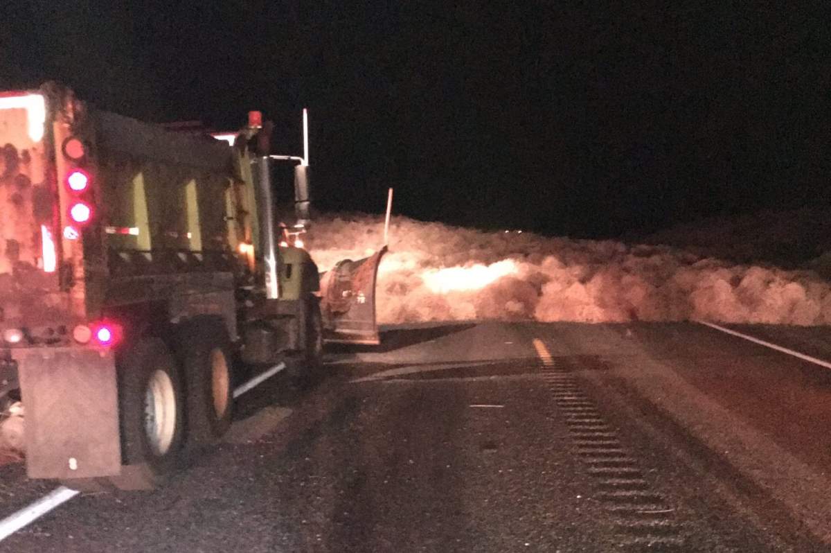 A plow arrives at the scene of a traffic jam caused by tumbleweeds in Washington state on Dec. 31, 2019.