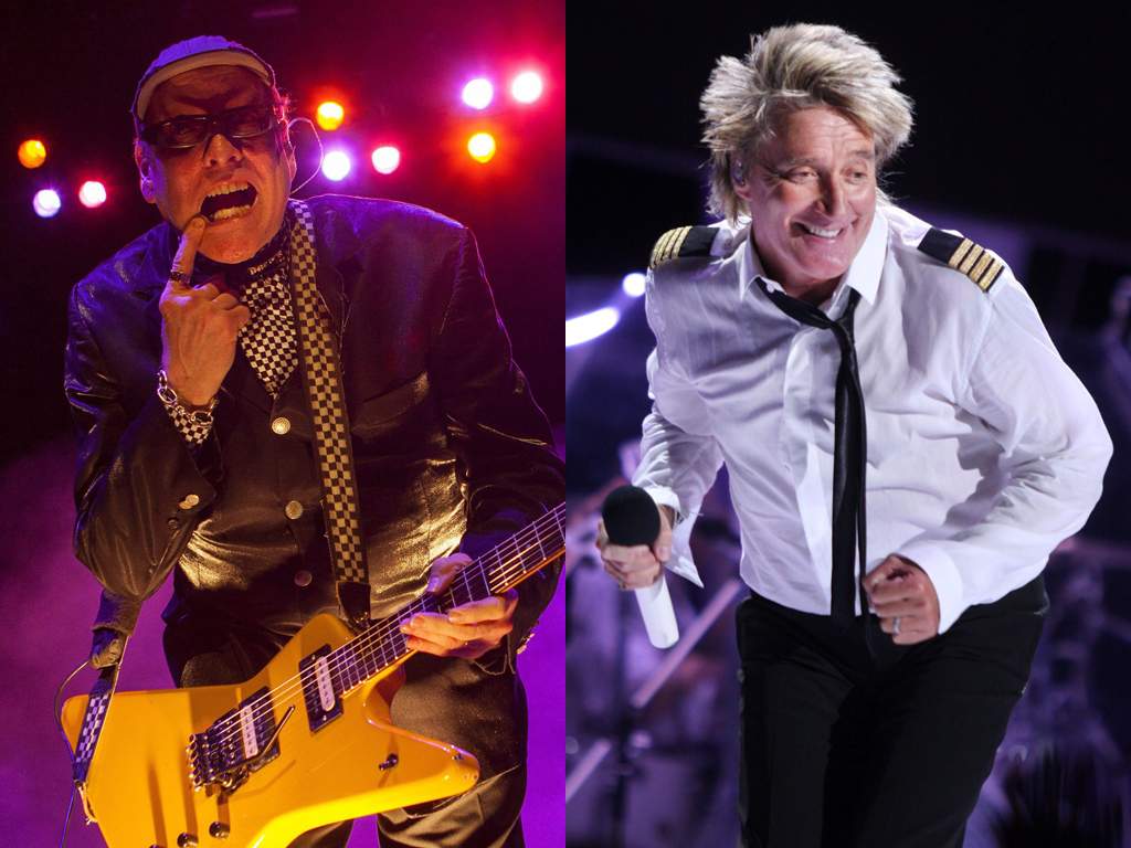 (L-R) Rick Nielson of Cheap Trick and Rod Stewart.