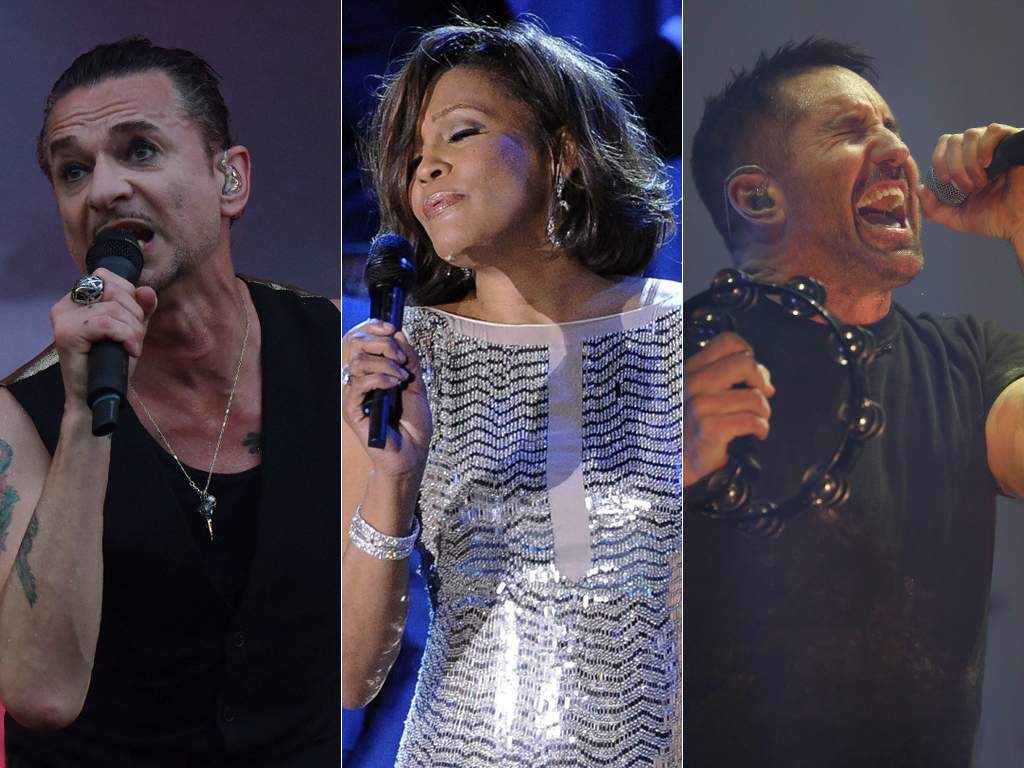 (L-R) Dave Gahan of Depeche Mode, the late Whitney Houston and Trent Reznor of Nine Inch Nails. The three acts will be inducted into the 2020 Rock & Roll Hall of Fame on May 2.