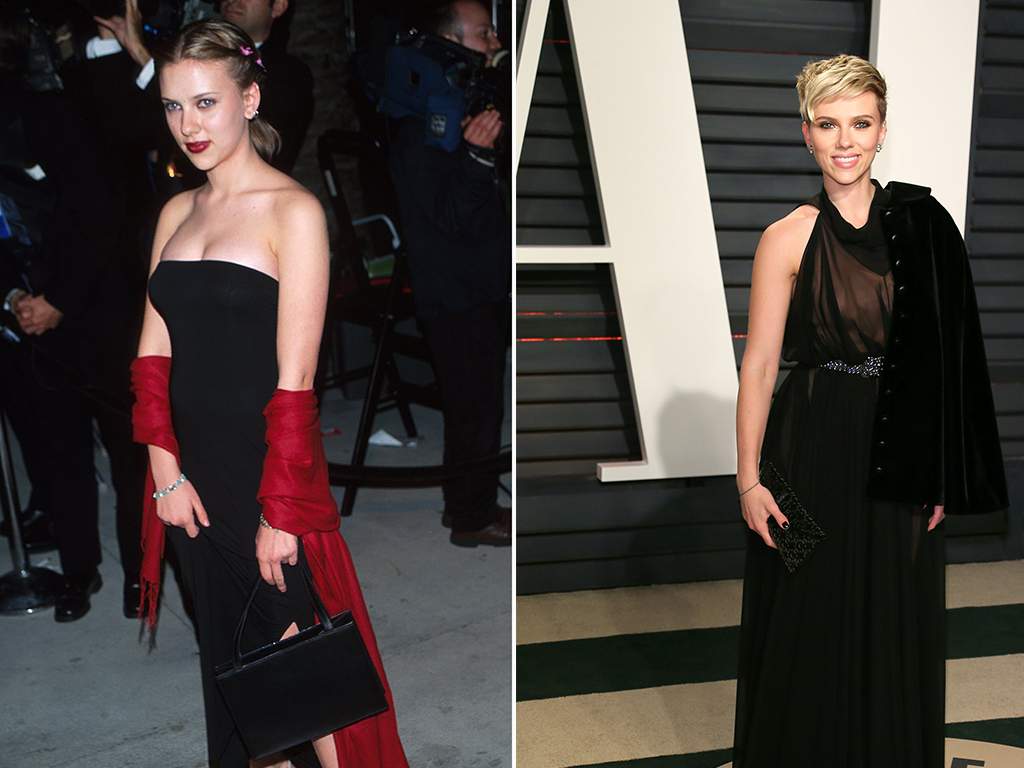 (L-R): Scarlett Johansson at the 7th Annual Vanity Fair Oscar Party in March 2000 and at the Vanity Fair Party following the 88th Academy Awards in February 2017 (Photo by Rob Beccaris/WireImage/Getty Images)