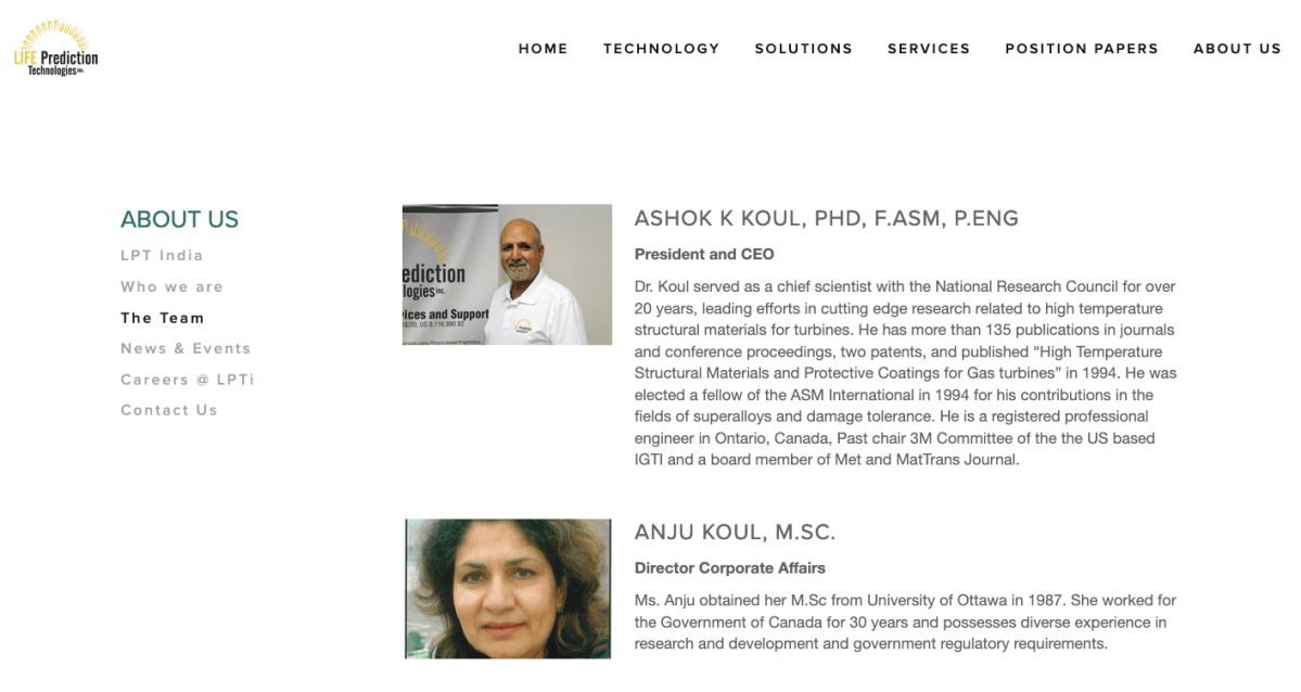 A screen grab from the Life Prediction Technologies Inc. website.