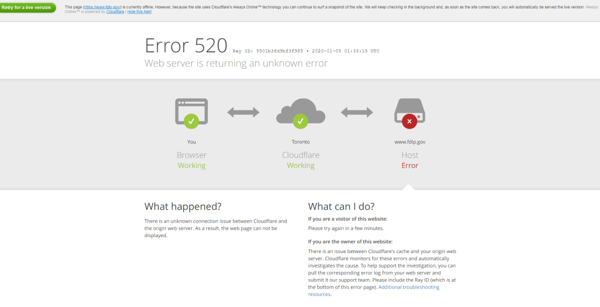 Screenshot of www.fdlp.gov at 8:33 p.m. ET Jan. 4, 2020.