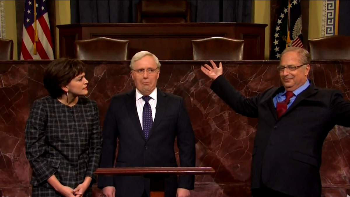 Cecily Strong as Republican Sen. Susan Collins, Beck Bennett as Senate Majority leader Mitch McConnell, and Jon Lovitz as lawyer Alan Dershowitz.