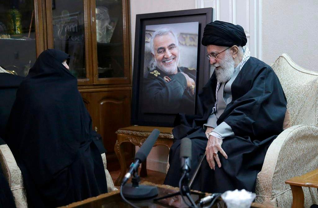 Supreme Leader Ayatollah Ali Khamenei, right, meets family of Iranian Revolutionary Guard Gen. Qassem Soleimani, who was killed in the U.S. airstrike in Iraq, at his home in Tehran, Iran, Friday, Jan. 3, 2020 in this picture released by the official website of the office of the Iranian supreme leader. (Office of the Iranian Supreme Leader via AP)