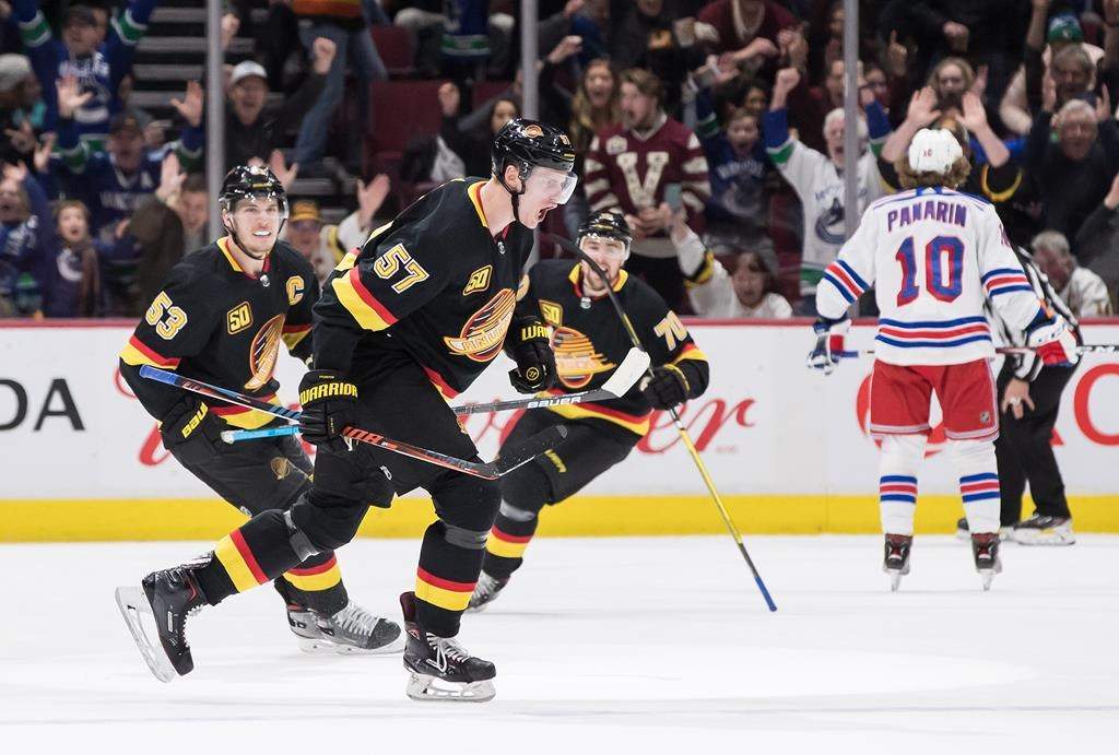Vancouver Canucks' Tyler Myers (57) celebrates his goal with teammates Bo Horvat (53) and Tanner Pearson (70) during third period NHL hockey action against the New York Rangers, in Vancouver, Saturday, Jan. 4, 2020.