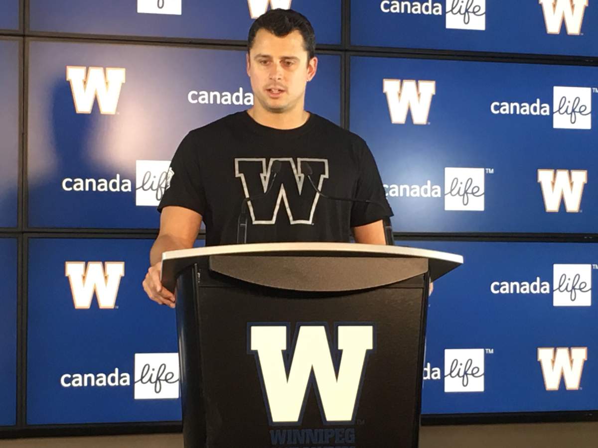 Winnipeg Blue Bombers quarterback Zach Collaros speaks to media after signing a two-year contract extension.