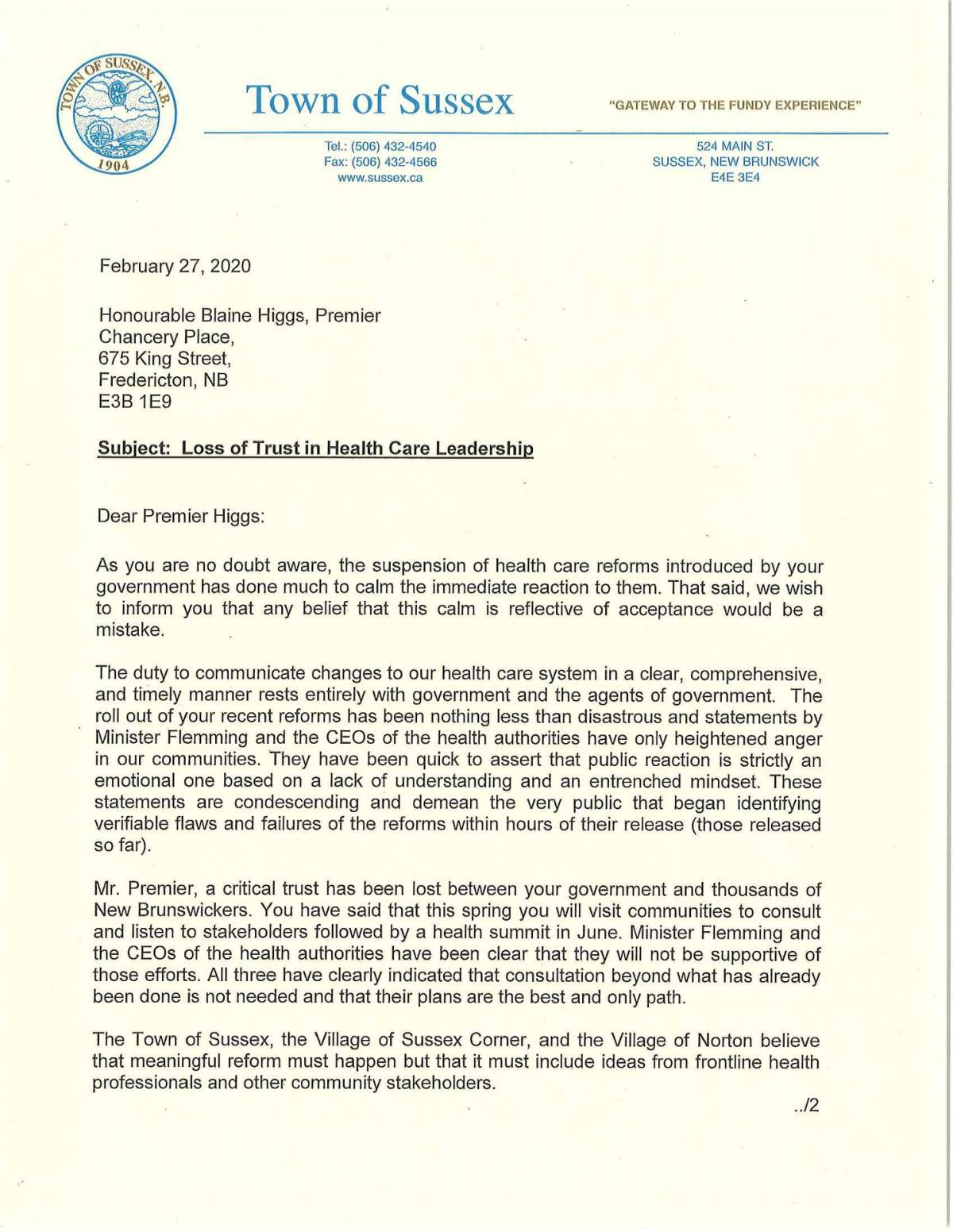 Sussex area mayors call for change in provincial health-care leadership - image