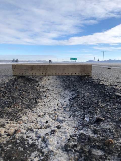 Holes in the road along Highway 16 in Alberta’s Yellowhead County. Feb. 5, 2020.