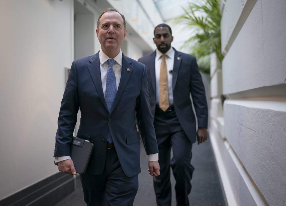 Lead House impeachment manager, Intelligence Committee Chairman Adam Schiff, D-Calif., arrives to meet with fellow Democrats at the Capitol in Washington, Wednesday, Feb. 5, 2020. 