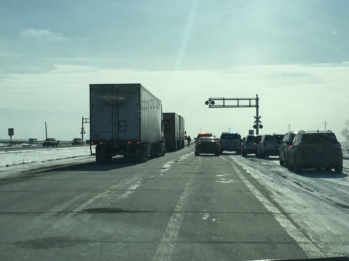Vehicles top for the blockade Monday afternoon.