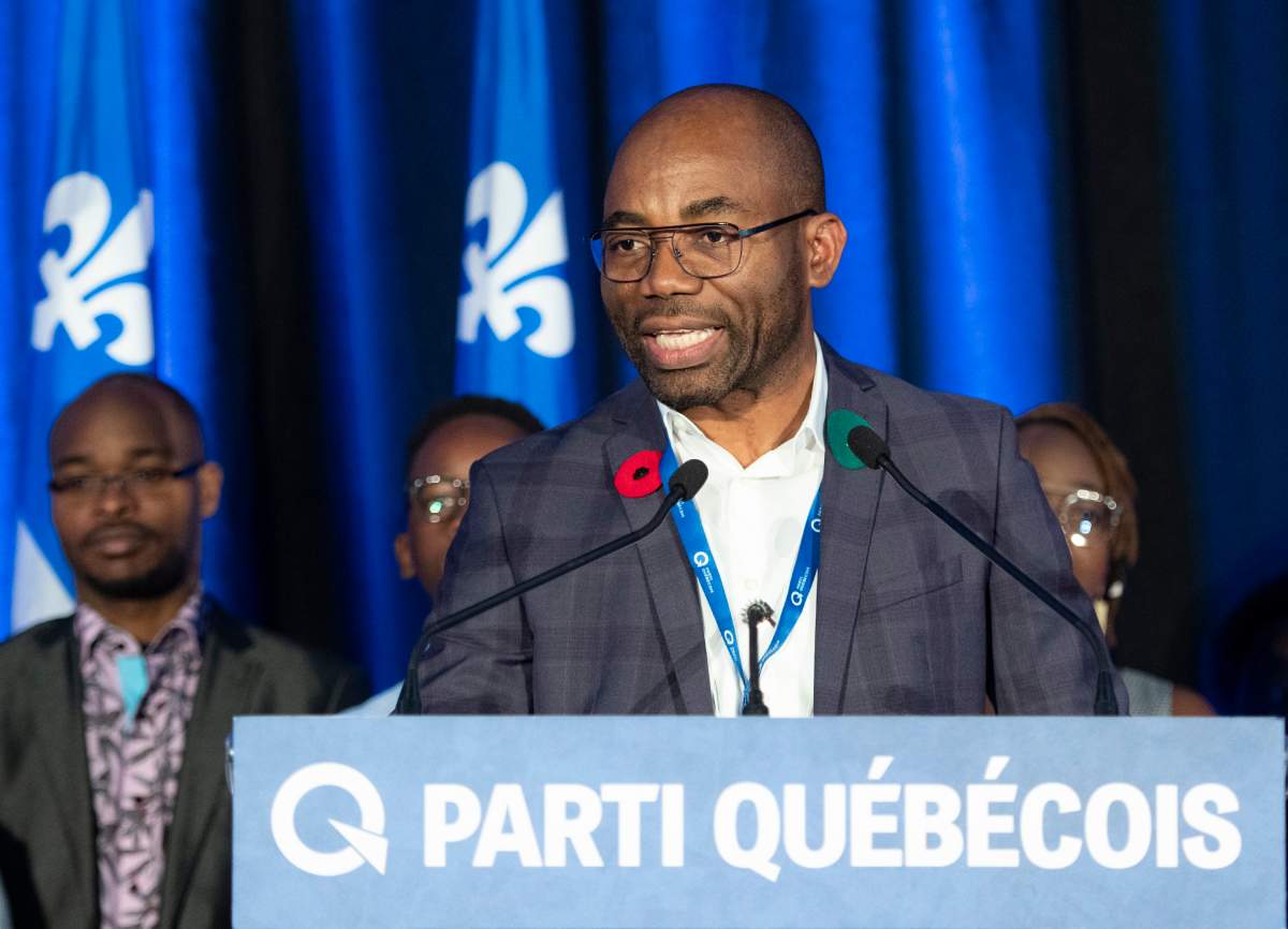 FILE -- Elected Parti Quebecois president Dieudonne Ella Oyono speaks at a Parti Quebecois extraordinary congres.