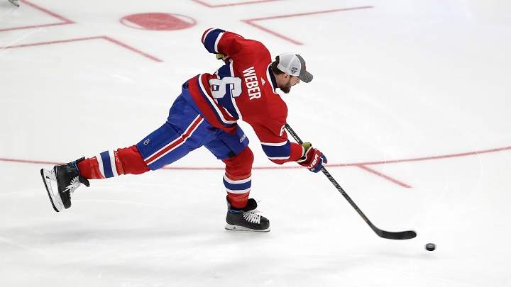 Montreal Canadiens' Shea Weber shoots during the Skills Competition hardest shot event, part of the NHL hockey All-Star weekend, Friday, Jan. 24, 2020, in St. Louis. Weber won the event. 